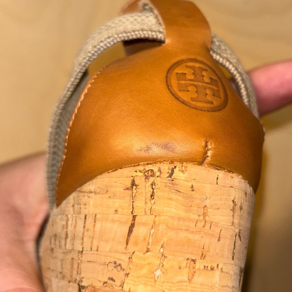 Tory Burch Natanya Espadrille Wedges Women Sz 7 Beige Linen Cork Sandal Spain - Picture 12 of 12